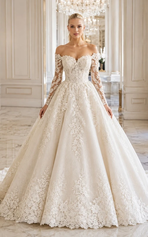 Romantic Ball Gown Lace Cathedral Train Wedding Dress