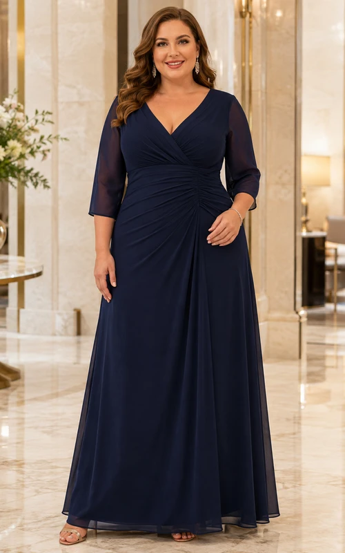 Vestido de noche largo hasta el suelo, de gasa fruncida, con escote en V, manga tres cuartos y cuello en V, color azul marino, tallas grandes.