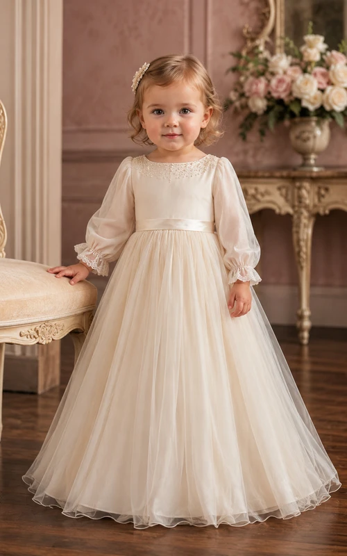 Vestido de bautizo de bebé color champán, delicado, con cuentas, corte en A y manga larga, elegante, romántico y adorable, de tul.