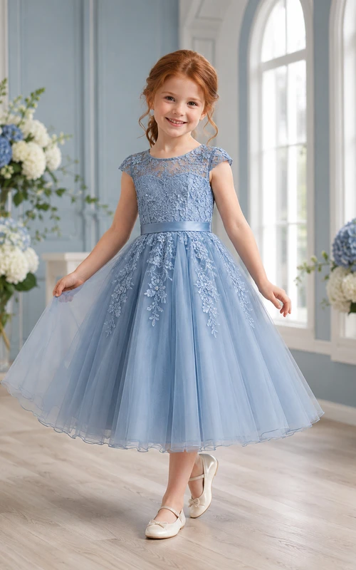 Robe élégante de demoiselle d'honneur, coupe trapèze, en dentelle bleu acier et tulle, longueur genou, manches courtes, col rond orné d'appliqués