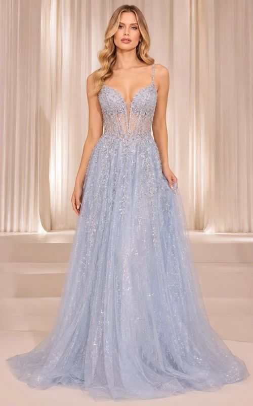 Light blue spaghetti strap tulle A-line gown with lace bodice