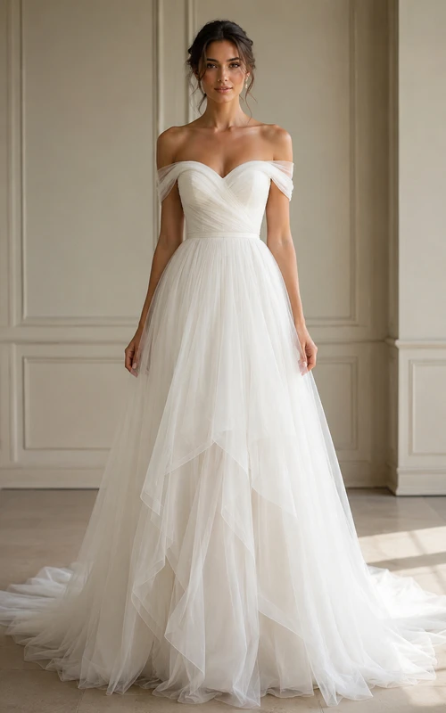Vestido de novia de tul con escote Bardot, corte en A, falda drapeada en capas y cola.