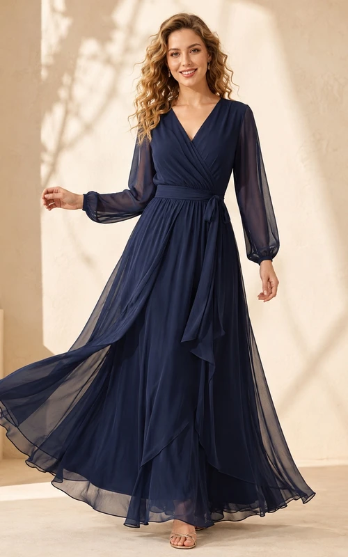 Elegant Dark Navy V-Neck Long Sleeve Chiffon A-Line Floor-Length Wrap Dress