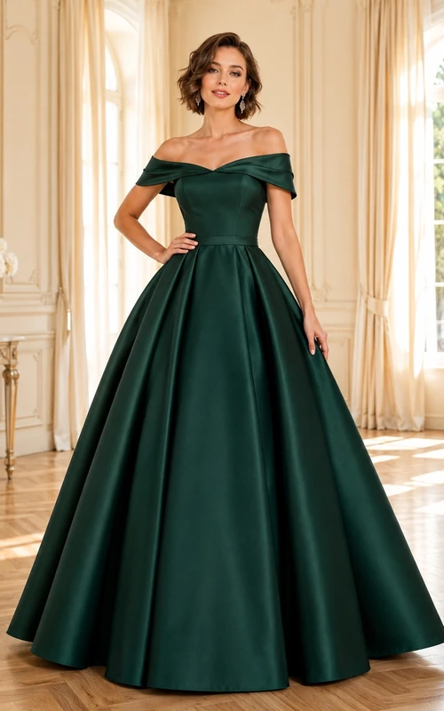 Vestido de fiesta largo de satén verde oscuro de lujo, con hombros descubiertos y manga corta.