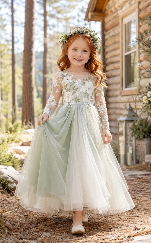 Flower Girl Dress A-Line Celadon Floral Lace Tulle Long Sleeve Cabin
