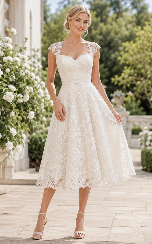 Ivory Bateau Sweetheart Cap Sleeve Lace A-Line Tea Dress Garden