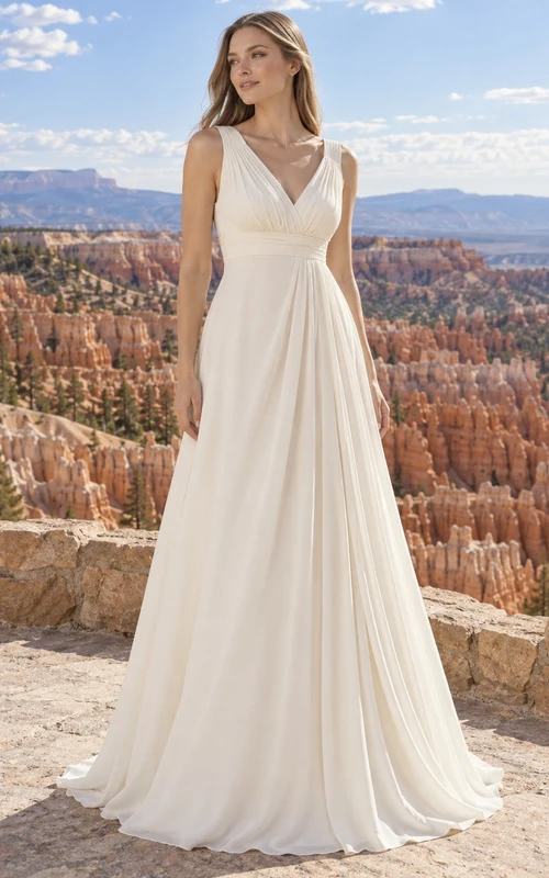 Vestido de novia sencillo de corte A con escote en V, sin mangas, corpiño plisado y falda fluida de georgette.