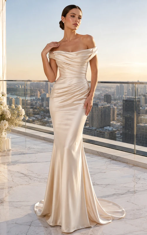 Luxury Off-Shoulder Draped Satin Penthouse Elopement Bridal Gown