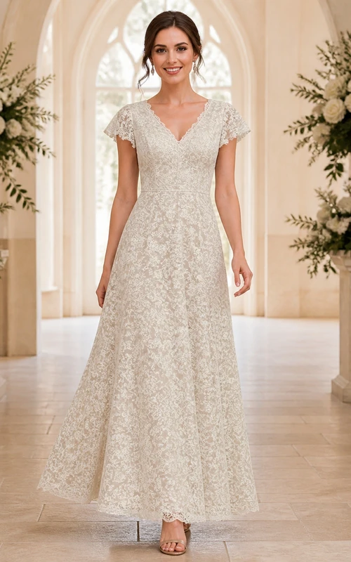 Vestido de novia de talla grande con escote en V discreto, encaje fino y mangas cortas, corte en A