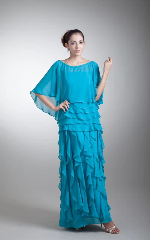 Vestido de gasa sin tirantes hasta los tobillos con volantes en cascada.