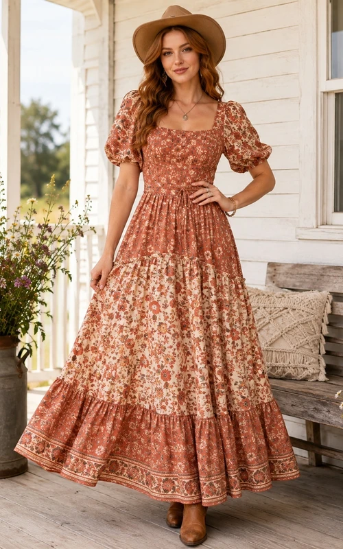 Robe de campagne bohème en mousseline imprimée florale rouille, col carré, manches bouffantes à volants