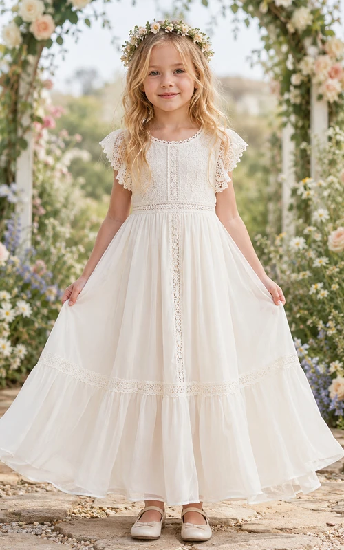 Flower Girl Dress Ivory Lace Tulle A-Line Short Sleeve Scoop Neck Tea Length