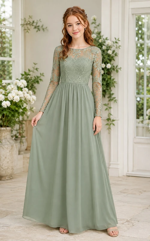 Celadonfarbenes Brautjungfernkleid für junge Mädchen, A-Linie, U-Boot-Ausschnitt, lange Ärmel, Illusionsspitze, romantisch