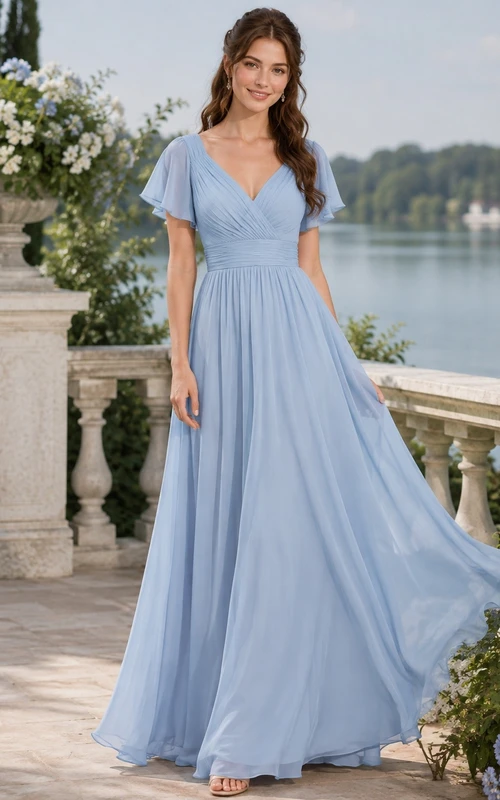 Blaues, bodenlanges A-Linien-Freizeitkleid aus Chiffon mit V-Ausschnitt und kurzen Ärmeln für den Garten