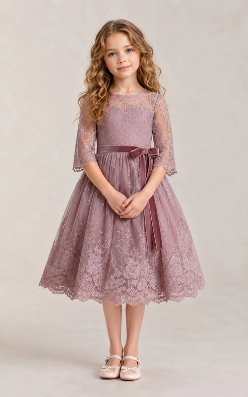 Flower Girl Dress Vintage Mauve Tulle A-Line Jewel Neck Tea Length Pleated