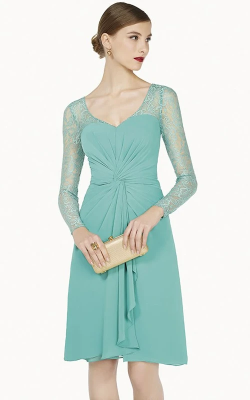 V Neck Illusion Long Sleeve Knee Length Chiffon Prom Dress With Cascading Skirt
