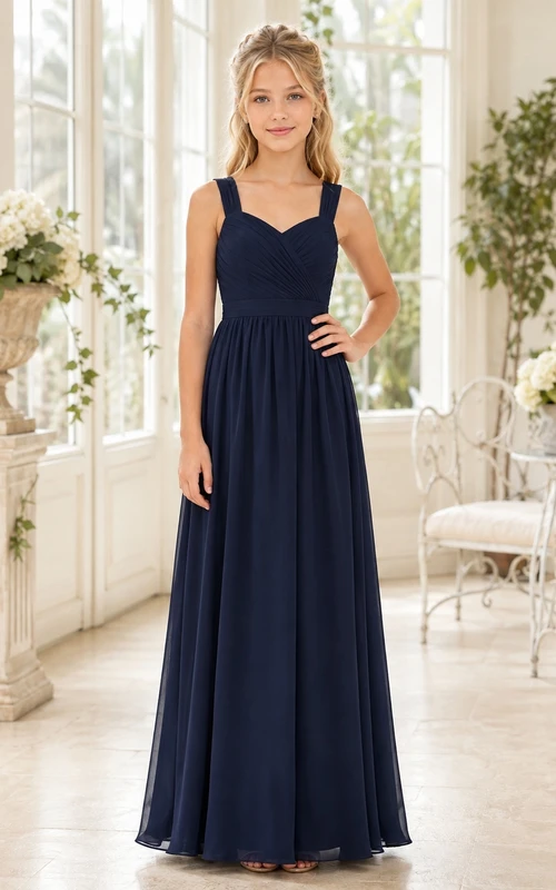 Dunkelblaues Brautjungfernkleid für junge Frauen, A-Linie, ärmellos, Chiffon, Schleifendetail, romantisch