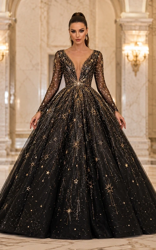 Black Tulle V-neck Long Sleeve Sequin Ball Gown Dress