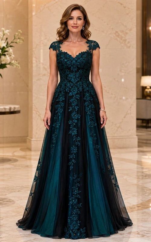 Robe de soirée longue en dentelle florale noire et turquoise, col en V, manches courtes, coupe trapèze.