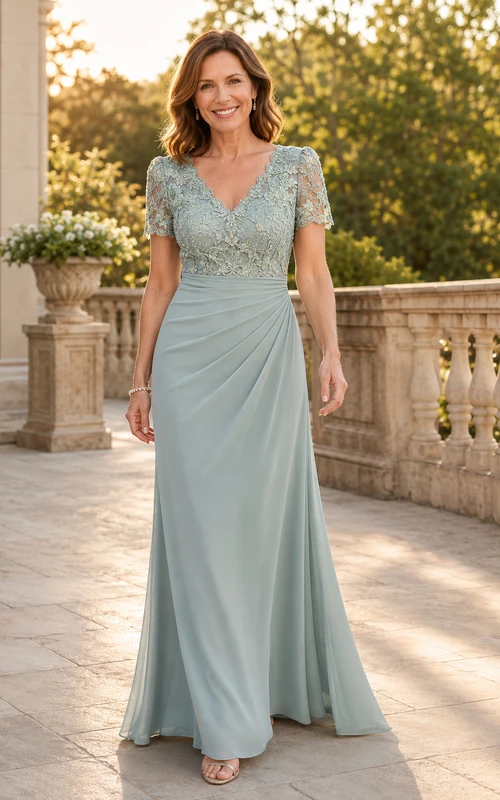 Salbeigrünes Chiffon-Mutterkleid mit V-Ausschnitt und Spitzenoberteil