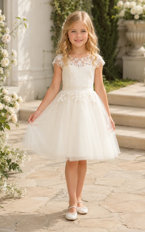 Vestido de novia modesto de corte A hasta la rodilla para niña de las flores, con mangas cortas de encaje y tul, estilo damita de honor, ideal para bodas en el jardín.