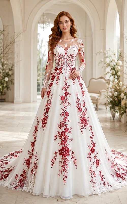 Rotes Brautkleid in A-Linie mit floraler Spitze, langen Ärmeln und Kathedralenschleppe, verziert mit Schmucksteinen und einer eleganten A-Linien-Schleife