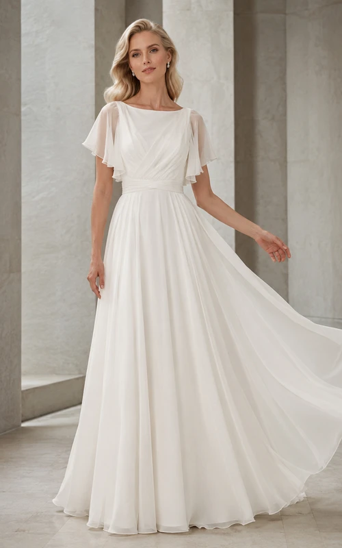 Robe de mariée d'été bohème simple à manches bateau papillon, en mousseline, coupe trapèze, traîne, style A