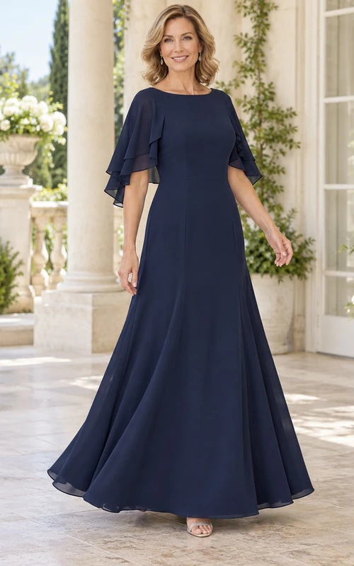 Vestido de noche formal de gasa azul marino oscuro, estilo barco, con mangas tipo capa y corte en A.