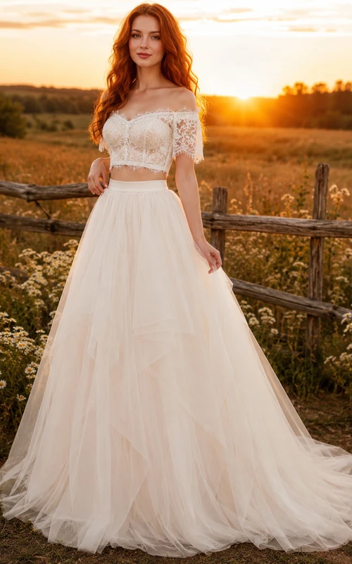 Two Piece Off Shoulder Lace Crop Meadow Ball Gown