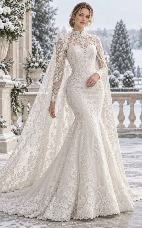 Vestido de novia vintage de corte A con cuello alto, manga larga y capa de encaje