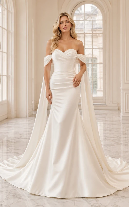 Robe de mariée fourreau luxueuse en satin, épaules dénudées, manches cape, traîne chapelle amovible, style jardin.