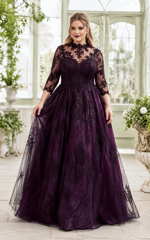 Plus Size Plum High Neck Three-Quarter Lace Sleeve Gothic Ball Gown Floor-Length Dress