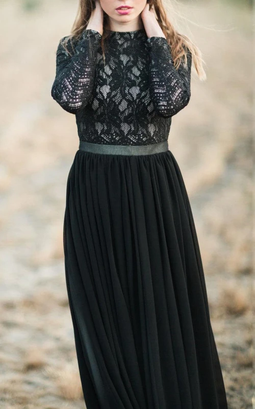 Robe trapèze à manches longues en mousseline et dentelle avec volants