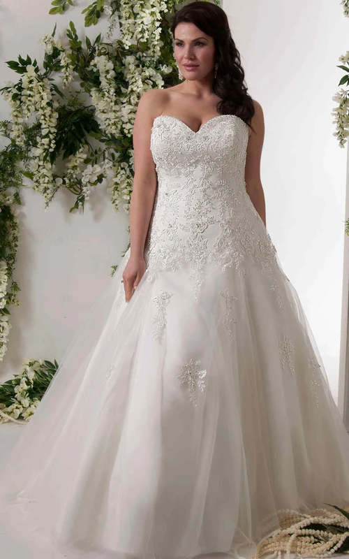 Robe de mariée princesse grande taille en dentelle et tulle, coupe trapèze, décolleté cœur et laçage.