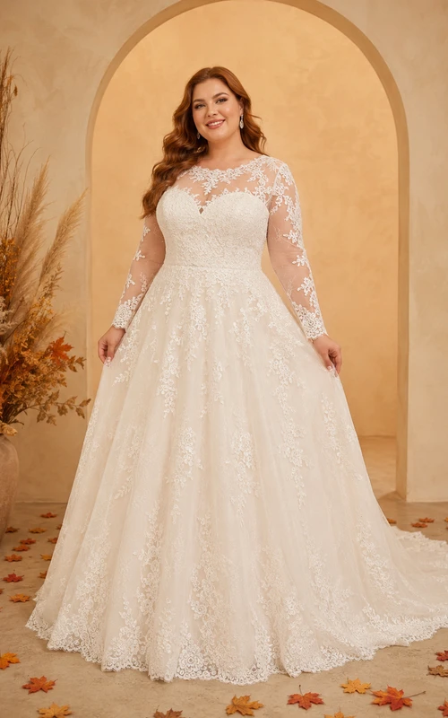 Fall Plus Size Illusion Lace A-Line Wedding Dress