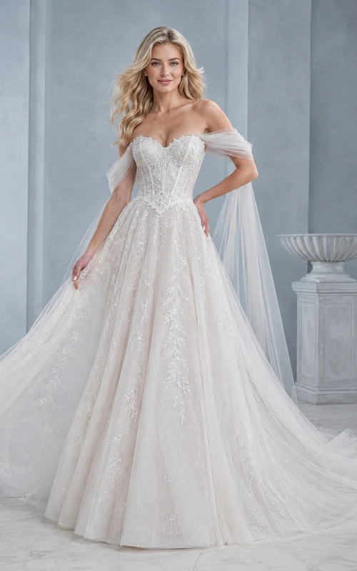 Robe de mariée romantique à épaules dénudées, cape, dentelle florale, coupe trapèze et traîne chapelle