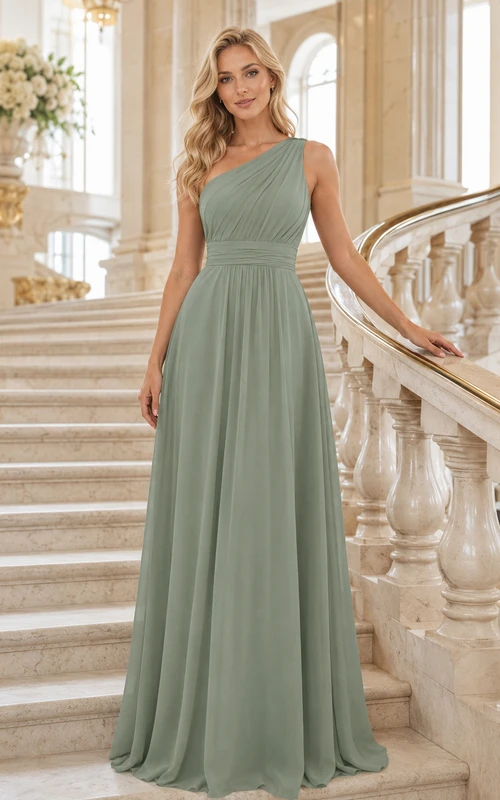 Sage green one shoulder chiffon floor length A-line bridesmaid dress