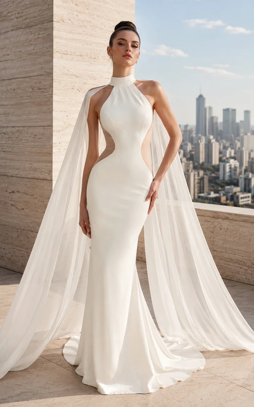 Robe de mariée sirène fluide en satin ornée, col halter, manches cape et traîne chapelle, pour une soirée inoubliable.