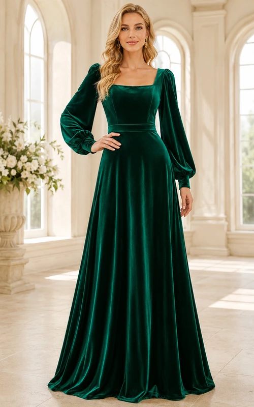 Elegante vestido de noche formal largo hasta el suelo, de terciopelo verde oscuro, con escote cuadrado, mangas abullonadas y corte en A.
