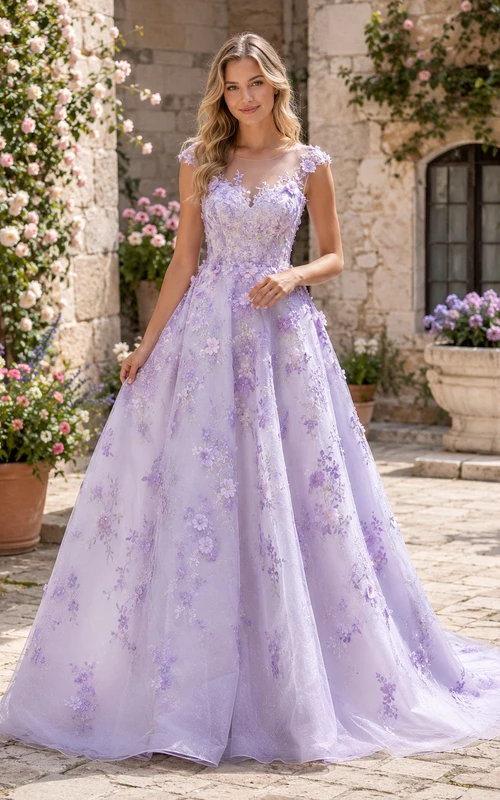 Vestido de novia de organza de manga corta con estampado floral lavanda y vestido de gala