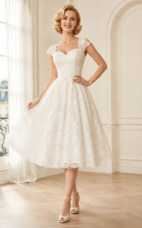 Vintage Sweetheart Cap Sleeve Lace Plissee Teelänge Standesamtliches Hochzeitskleid