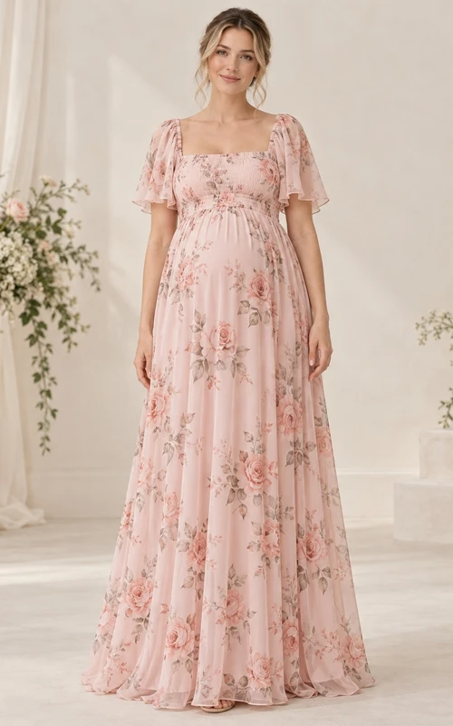Vestido de dama de honor de gasa rosa con estampado floral, cuello cuadrado, mangas con volantes y corte imperio hasta el suelo.