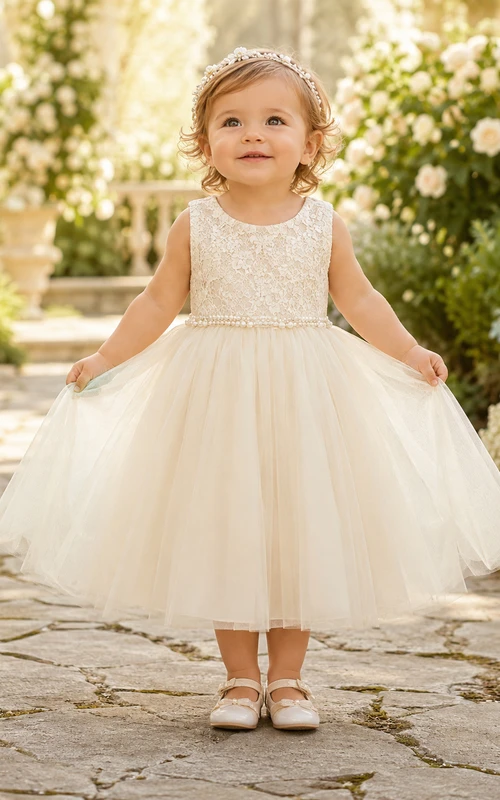 Robe de baptême bébé en tulle et tulle, sans manches, corsage en dentelle, coupe trapèze, longueur genou