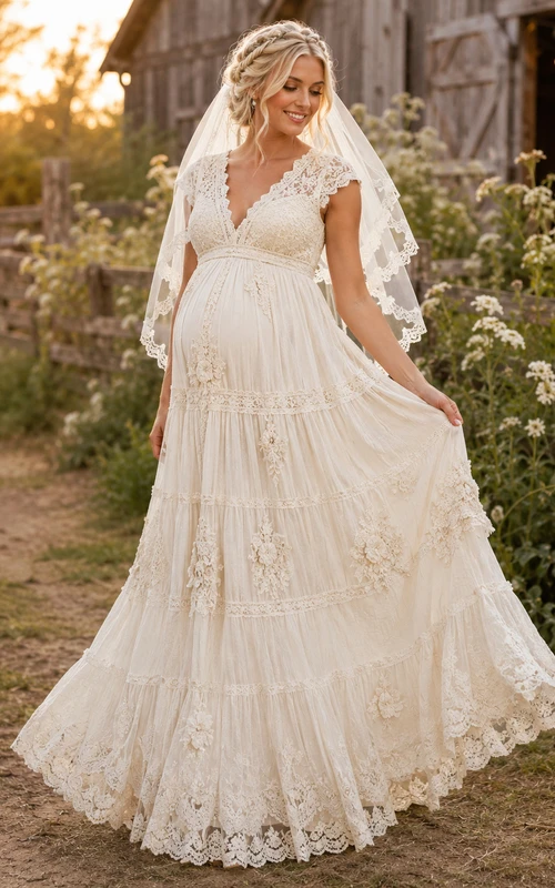Vestido de novia rústico de encaje con mangas cortas y volantes para embarazadas