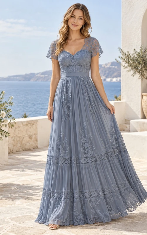 Vestido de dama de honor de gasa con escote en V, mangas con volantes y paneles de encaje, estilo bohemio, color azul.
