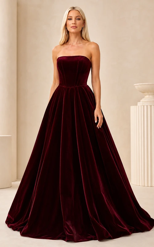 Burgunderrotes, trägerloses Samtballkleid, luxuriöses bodenlanges Abendkleid für Prominente