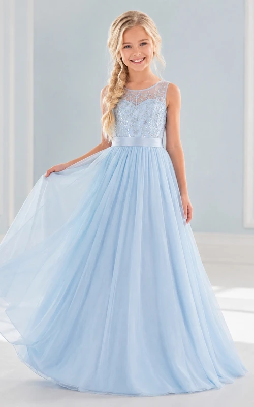 Sky Blue Lace Cap Sleeve A Line Floor Length Flowergirl Dress