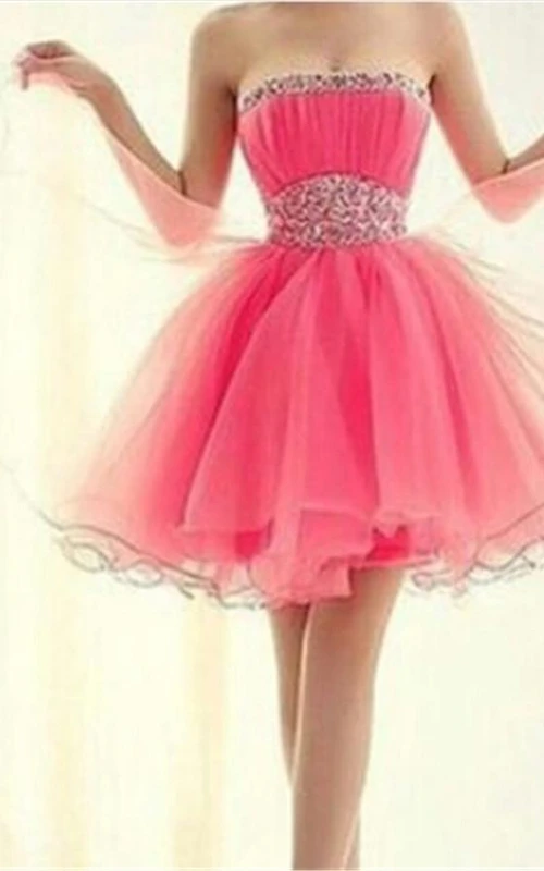 Wunderschönes, kurzes, trägerloses, ärmelloses Organza-Abendkleid mit Perlenstickerei
