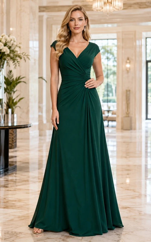 Emerald V-Neck Ruched Waist Chiffon Formal Dress