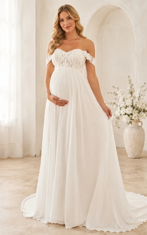 Vestido de novia de gasa con escote de hombros descubiertos y corte A para fugas de maternidad
